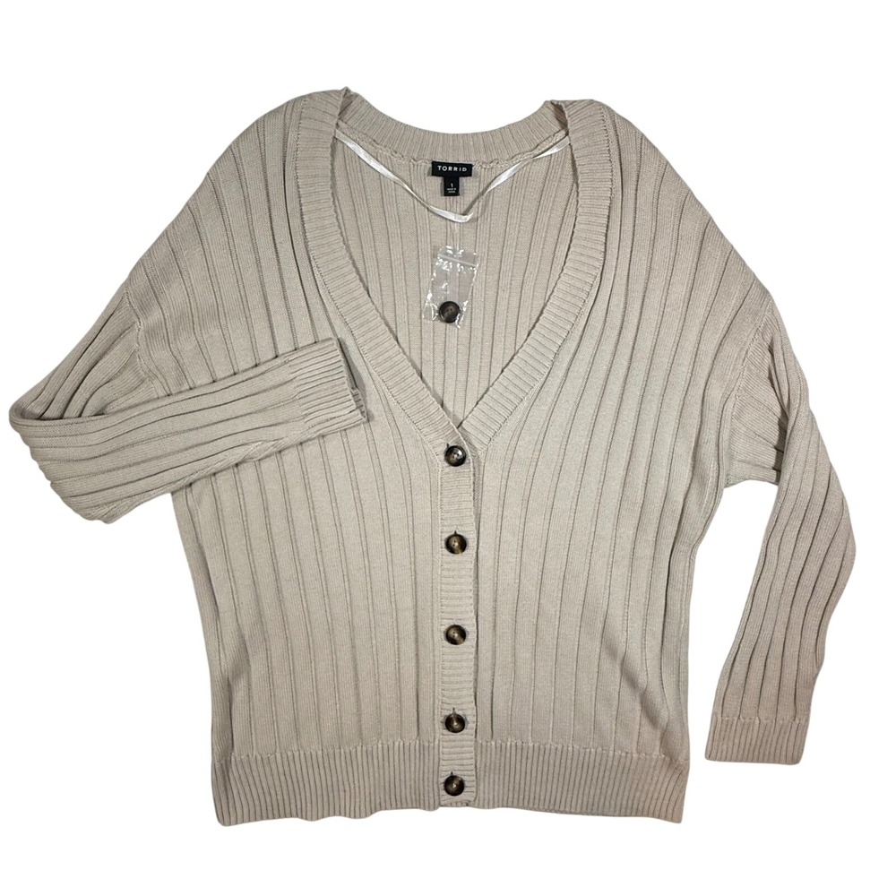 Torrid Cardigan Sweater Womens 1 Beige Ribbed Knit V-Neck Button Front Oversized